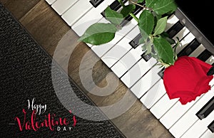 Happy Valentine`s Day Text Script Font Greeting Card with Romantic Red Rose, Keyboard, Floor, and Rug.