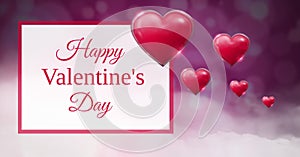 Happy Valentine`s Day text and Shiny bubbly Valentines hearts with purple bokeh misty background