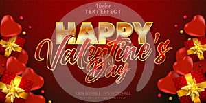 Happy valentine`s day text, shiny gold color style editable text effect on red background