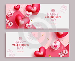 Happy valentine\'s day text vector banner set. Valentine\'s day greeting card with heart balloons elements