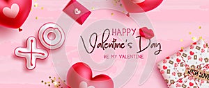 Happy valentine\'s day text vector design. Valentine\'s day greeting card be my valentine with xoxo, heart balloon photo