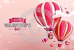 Happy valentine\'s day text vector design. Valentine\'s day greeting card with hot air balloon floating photo