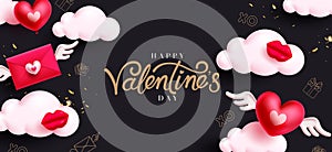 Happy valentine\'s day text vector design. Valentine\'s day greeting card with clouds, love letter