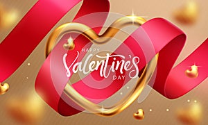 Happy valentine`s day text vector design. Valentine`s gold sparkling heart and red ribbon elements