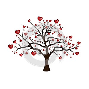 Happy Valentine`s Day. Tree decorated with red hearts and beads. Ruby jewel. Valentine`s card