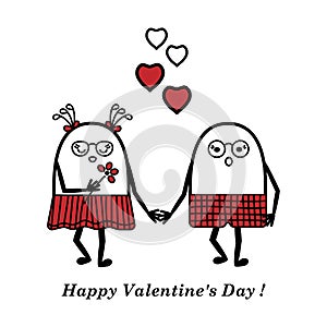 Happy Valentine`s Day. Two funny little men, a boy and a girl, holding hands. Doodle style, vector illustration isolated on white