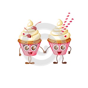 Happy Valentine`s Day. Two sweet cupcakes with eyes isolated on white. Cartoon Food Character Emoji. Couple hold hands. Objects