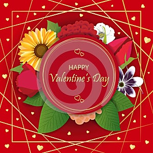 Happy Valentine\'s Day unique greeting card. Holiday background design with realistic gifting flower bouquets