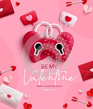 Happy valentine`s day vector design. Be my valentine text with heart padlock love elements symbol.