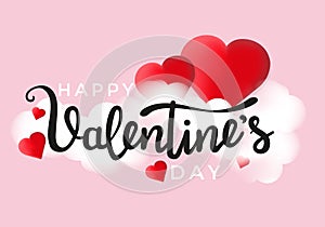 Happy Valentine\'s day vector greeting card with realistic red hearts, clouds and pink background