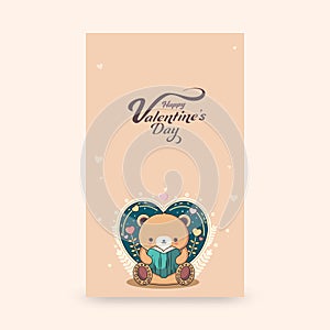 Happy Valentine`s Day Vertical Banner With Cute Teddy Bear Reading A Book, Heart Shape On Peach