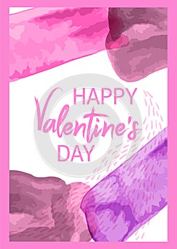 Happy Valentine`s Day watercolor frame card in hand painted style