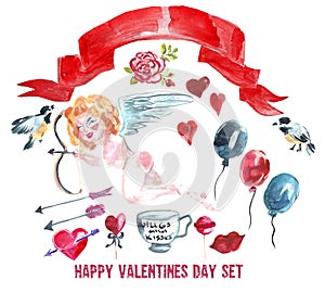 Happy Valentine`s Day watercolor set. Cupid with bow and arrows, small birds, red ribbon, a cup with an inscription hugs and