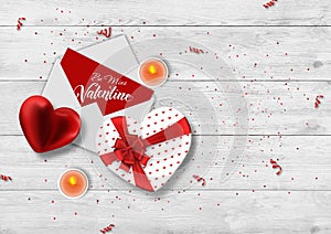 Happy Valentine`s Day, web banner. Composition with realistic gift in the form of heart, paper envelope and candy on a white