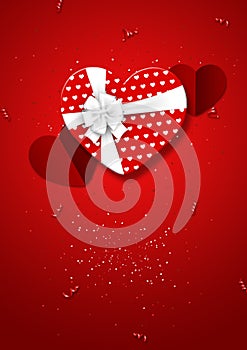 Happy Valentine`s Day, web banner. Composition with a realistic gift in the form of a heart, paper hearts and confetti on a red