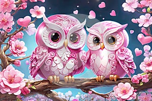 Happy valentine\'s greeting card, concept of love confession. A couple of very cute owls.