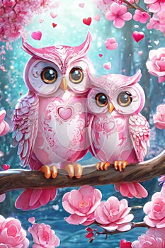 Happy valentine\'s greeting card, concept of love confession. A couple of very cute owls.