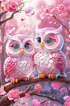 Happy valentine\'s greeting card, concept of love confession. A couple of very cute owls.