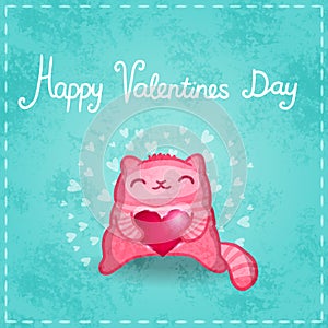 Happy Valentines card. Cute cat with heart.