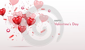 Happy Valentines Day. 3d Realistic Heart Balloons with glitters. Love season banner, greeting and card