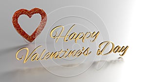 Happy Valentines Day 3D Render with gold text and red heart