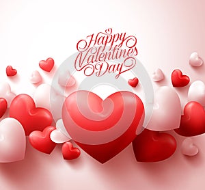 Happy Valentines Day Background with 3D Realistic Red Hearts