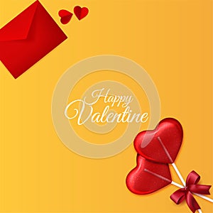 Happy Valentines Day background with envelope and love heart shape candy decorations on yellow background