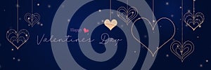 Happy Valentines day background. Golden heart lines hanging with string on blue background. Vector illustration