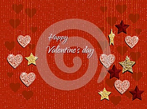 Happy valentines day background with hearts, gold frame, sparkles and handwritten calligraphy. Vector