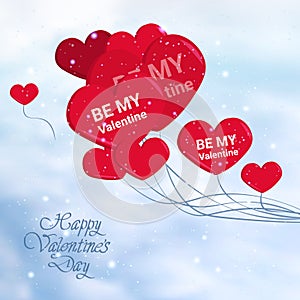 Happy Valentines Day Background Holiday Poster With Hand Drawn Text And Heart Shape Balloons In Sky