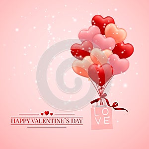 Happy Valentines Day background, red, pink and orange balloon in form of heart with bow and ribbon and Paper shopping bag. Vector