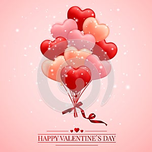 Happy Valentines Day background, red , pink and orange balloon in form of heart with bow and ribbon. Vector illustration