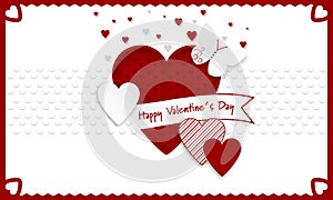 Happy Valentines Day background. Red and white hearts as a symbol of love, ribbon and butterly.