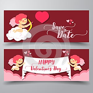 Happy Valentines Day banner cute cupid character card