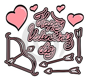 Happy valentines day banner, greeting card and calligraphic inscription, cupid bow and arrows. Hand drawn lettering for holiday