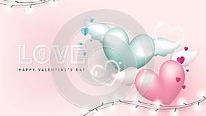 Happy Valentines Day banner. Hearts cute with wings decorated with hearts neon light on pink background. Vector illustration.