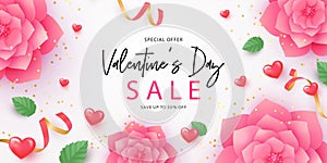 Happy Valentines Day banner. Holiday design with beautiful paper cut pink flowers and green leaves, 3d realistic red hearts on whi