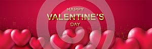 Happy Valentines Day banner with Pink Hearts and golden Lettering. Glittering luxury cover on red backdrop. Horizontal