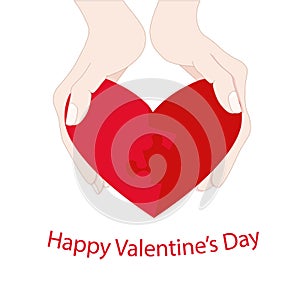 Happy Valentines Day banner. Puzzle red heart in hands on white background congratulation card