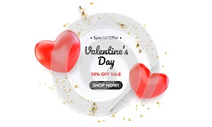 Happy Valentines Day banner with red hearts and serpantine. Vector illustration