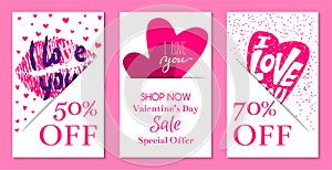 Happy Valentines day banners vector illustration. I love you. Wedding, marriage, save the date, bridal. Sales and