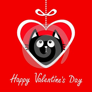 Happy Valentines Day. Big paper heart hangin on dash line with bow. Black cat kitten looking up. Cute cartoon funny animal charact
