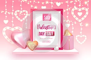 Happy Valentines Day big sale poster with 3D pink and gold love hearts. Valentine interior design.