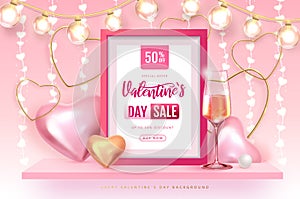 Happy Valentines Day big sale poster with 3D pink and gold love hearts. Valentine interior design.