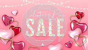 Happy Valentines Day big sale typography poster with 3D pink and gold hearts.