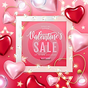 Happy Valentines Day big sale typography poster with 3D pink and gold hearts.