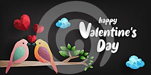 Happy Valentines day. Birds and hearts on branch from polygonal shapes, vector illustration