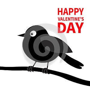 Happy Valentines Day. Black bird silhouette on the tree branch. Happy Valentines Day. Love Greeting card. Cute cartoon kawaii