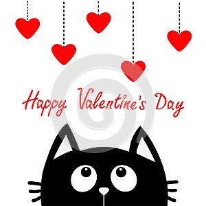 Happy Valentines Day. Black cat looking up to hanging red hearts. Dash line. Heart set Cute cartoon character. Kawaii animal. Love