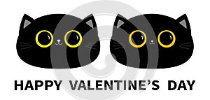 Happy Valentines Day. Black cat round head face icon set. Big yellow and green eyes. Cute funny cartoon character. Sad emotion.
